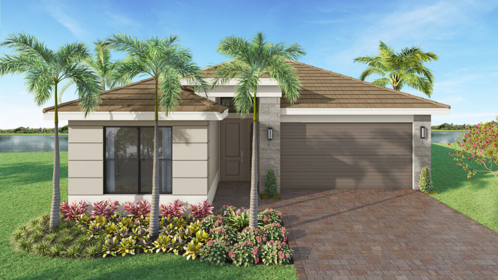 Single-story modern house with a brown tile roof, palm trees, manicured landscaping, and a paved driveway, set beside a body of water under a clear blue sky.