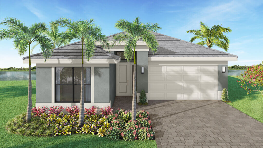 Single-story modern house with gray exterior, two-car garage, front garden with tropical plants, palm trees, and a paved driveway, set near a waterfront under a clear blue sky.