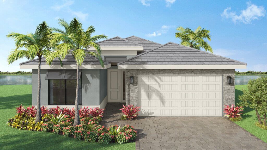 Single-story modern house with gray roof, white garage door, brick driveway, and landscaped front yard with palm trees and flowering plants. Blue sky and lake in the background.