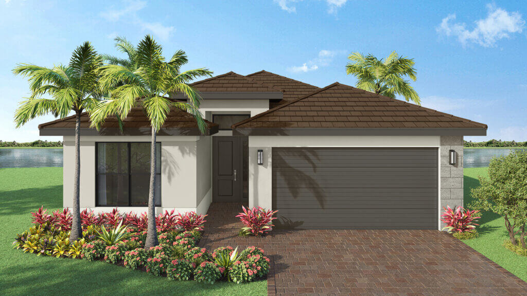 A modern single-story house with a two-car garage, brown roof, light exterior walls, landscaped front yard, palm trees, and a lake in the background.