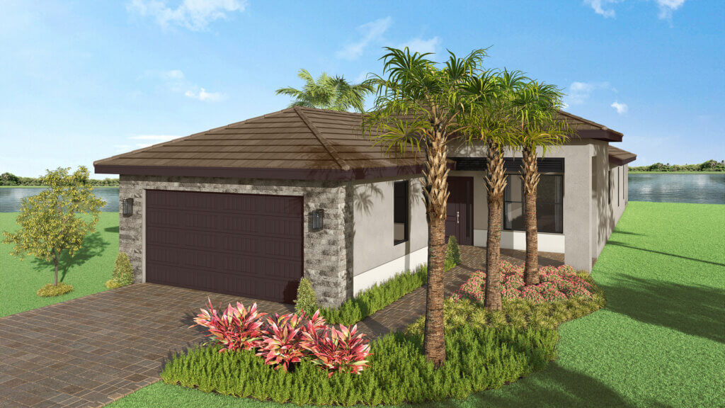 Single-story modern house with a tiled roof, double garage, landscaped yard, palm trees, and a lake in the background under a blue sky.