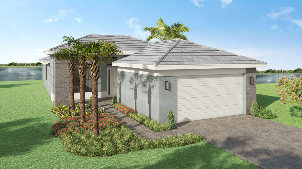 A modern single-story house with a gray tile roof, double garage, landscaped yard, palm trees, and a lake in the background.