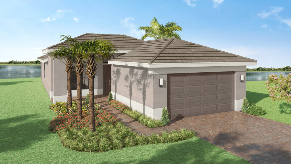 A modern single-story house with a two-car garage, tile roof, landscaped front yard, and a view of water in the background under a blue sky.