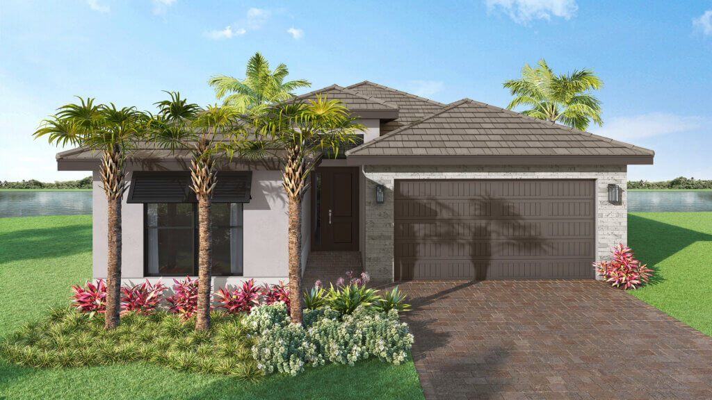 Single-story house with a two-car garage, palm trees, and landscaped front yard, set against a lake and blue sky background.