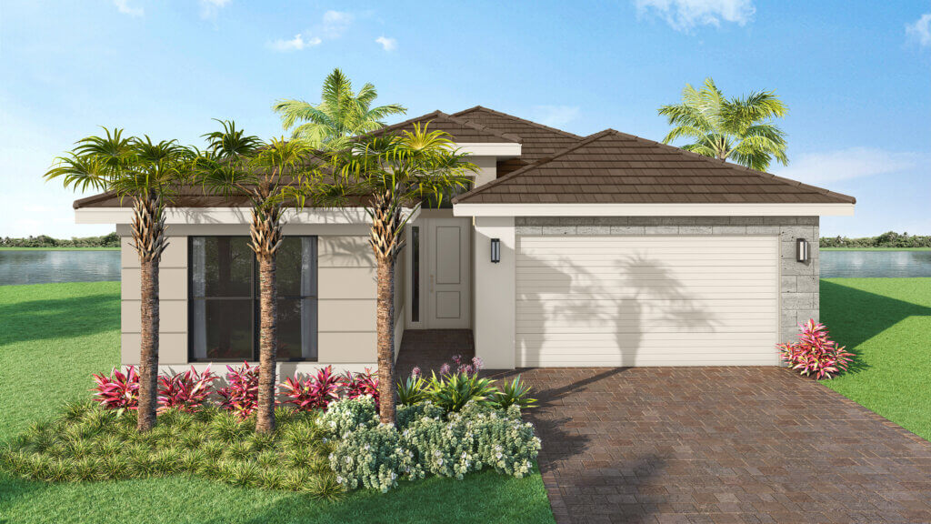 Single-story modern house with a brown tiled roof, white walls, double garage, paved driveway, and landscaped front yard with palm trees and shrubs, set against a waterfront backdrop.