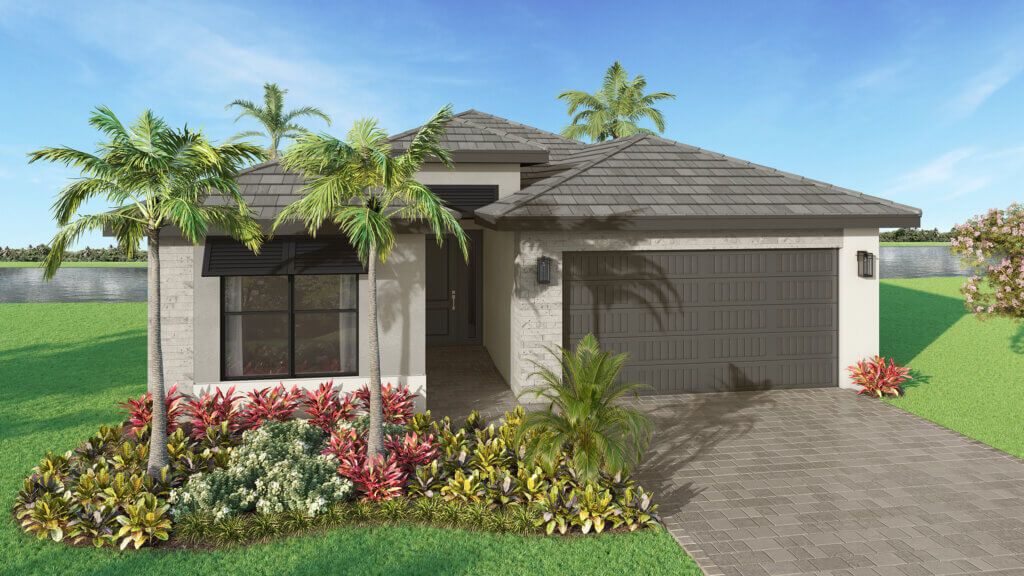 Single-story house with gray roof, double garage, brick driveway, and tropical landscaping, set against a backdrop of grass and water under a clear blue sky.