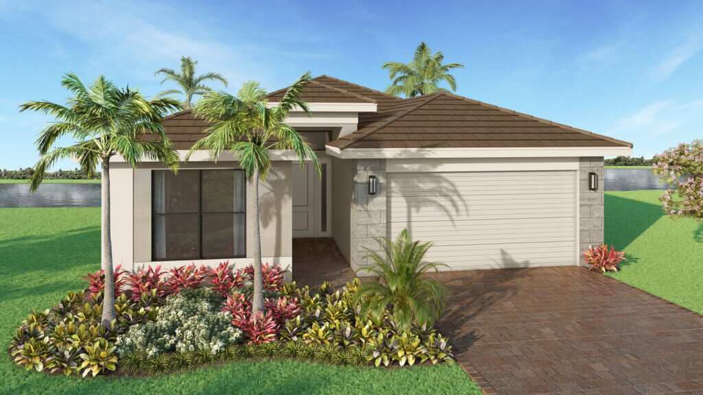 Single-story house with a brown tiled roof, two-car garage, landscaped front yard with palm trees and shrubs, and a view of water in the background under a clear sky.