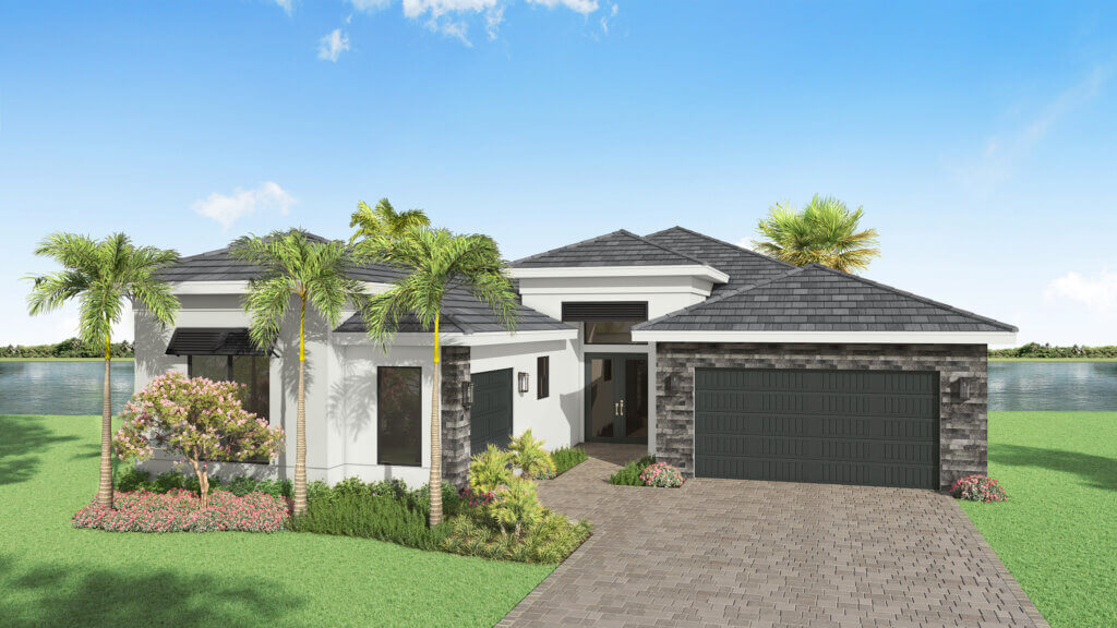 Modern single-story house with a two-car garage, white exterior walls, dark roof tiles, and landscaped yard, situated near a body of water under a clear blue sky.