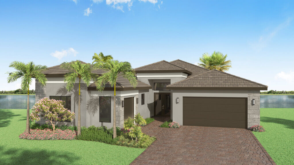 A modern single-story house with a brown tile roof, light-colored walls, a double garage, and landscaped front yard, situated by a body of water under a clear blue sky.