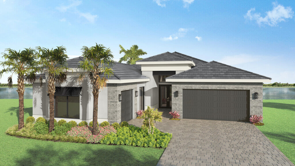 Modern single-story house with gray roof, two-car garage, landscaped yard, and palm trees, situated by a body of water under a blue sky.