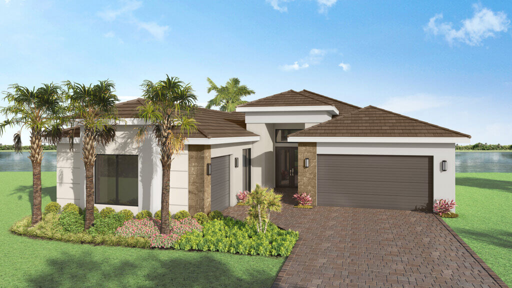 A modern single-story house with a brown tile roof, white walls, stone accents, and a two-car garage, set beside a waterfront with landscaping and palm trees.