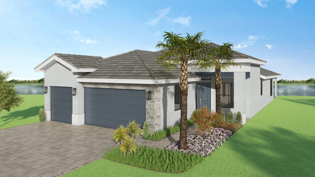 Single-story modern house with a gray tiled roof, double garage, stone driveway, landscaped yard, palm trees, and flower beds, situated near a body of water under a blue sky.