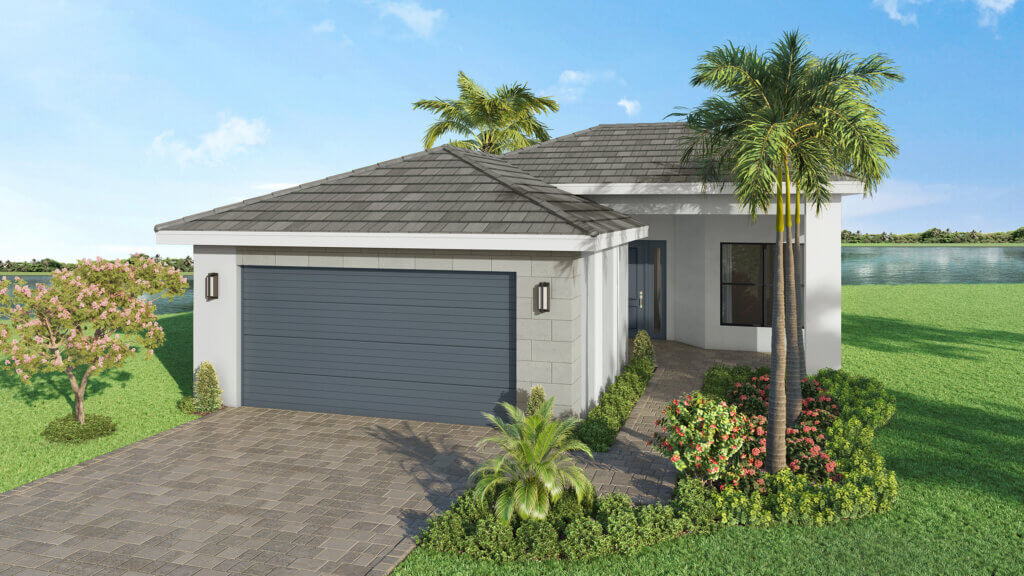 Single-story modern house with a gray tiled roof, two-car garage, paved driveway, and landscaped yard, situated near water with palm trees and greenery.