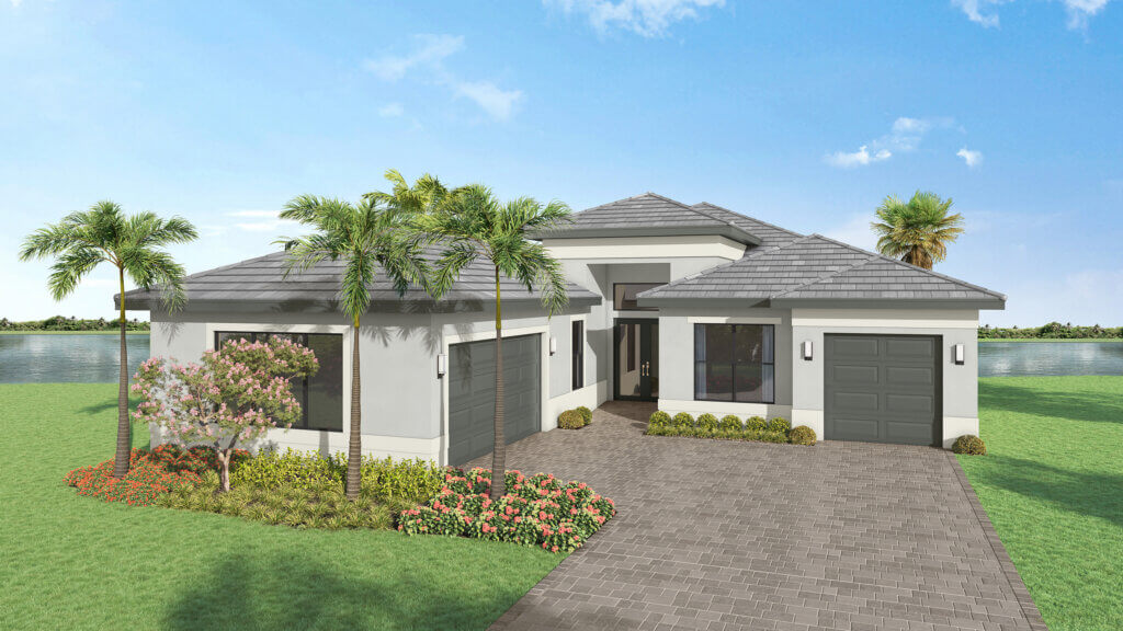 Single-story modern house with gray roof, two garages, landscaped front yard, palm trees, and a lake in the background under a blue sky.