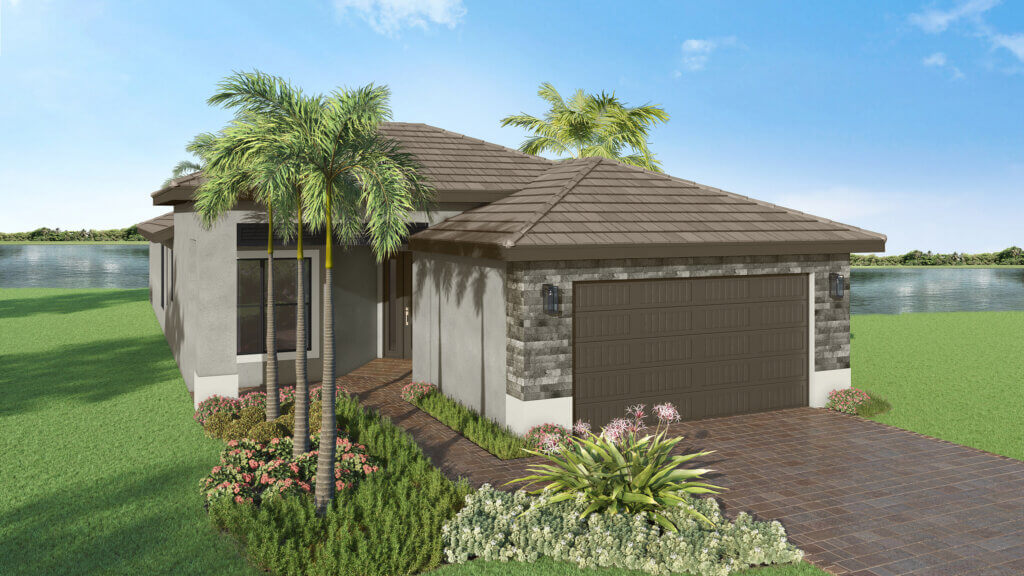Single-story modern house with a tiled roof, stone accents, and two-car garage, surrounded by palm trees and landscaped plants, situated near a lake under a blue sky.
