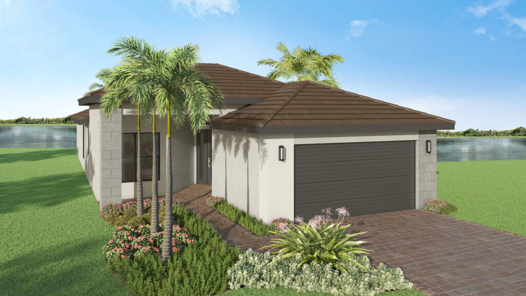 A modern single-story house with a brown tile roof, gray exterior walls, a double garage, and landscaped front yard with palm trees and shrubs, situated next to a body of water.