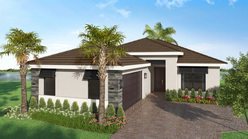 A modern single-story house with a brown tile roof, white and gray exterior, a double garage, landscaped yard, and palm trees in front.