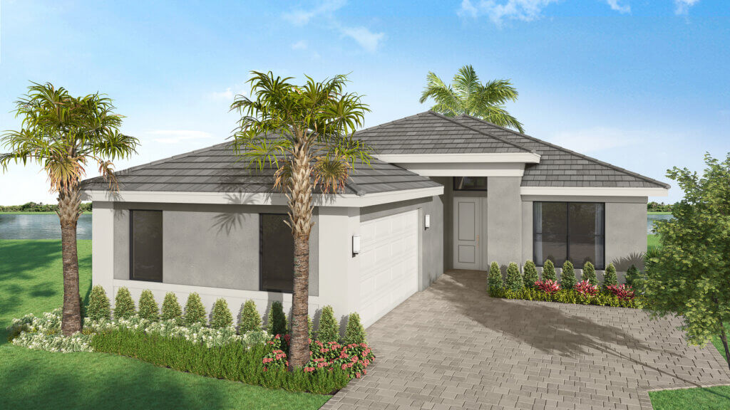 Single-story modern house with gray roof, white exterior, two-car garage, and landscaped yard with palm trees and shrubs, under a clear sky.