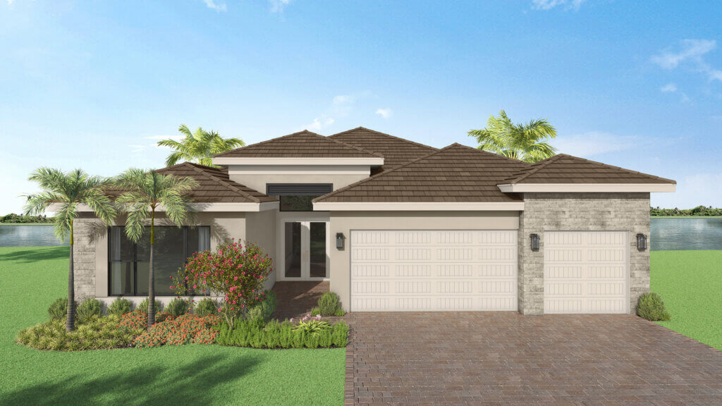 Single-story modern house with gray brick and stucco exterior, brown roof, three-car garage, large windows, landscaped front yard, and palm trees in the background.