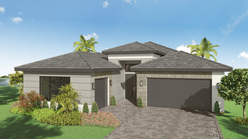 A modern single-story house with a gray tile roof, light-colored exterior walls, two large garage doors, and landscaped front yard with bushes and palm trees.