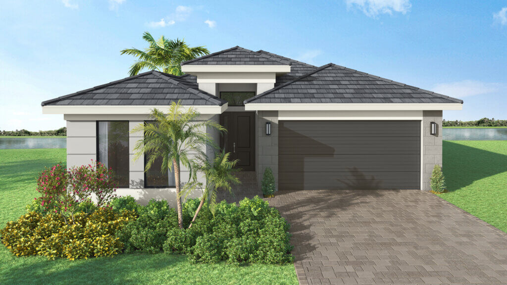 A house with a driveway and palm trees.