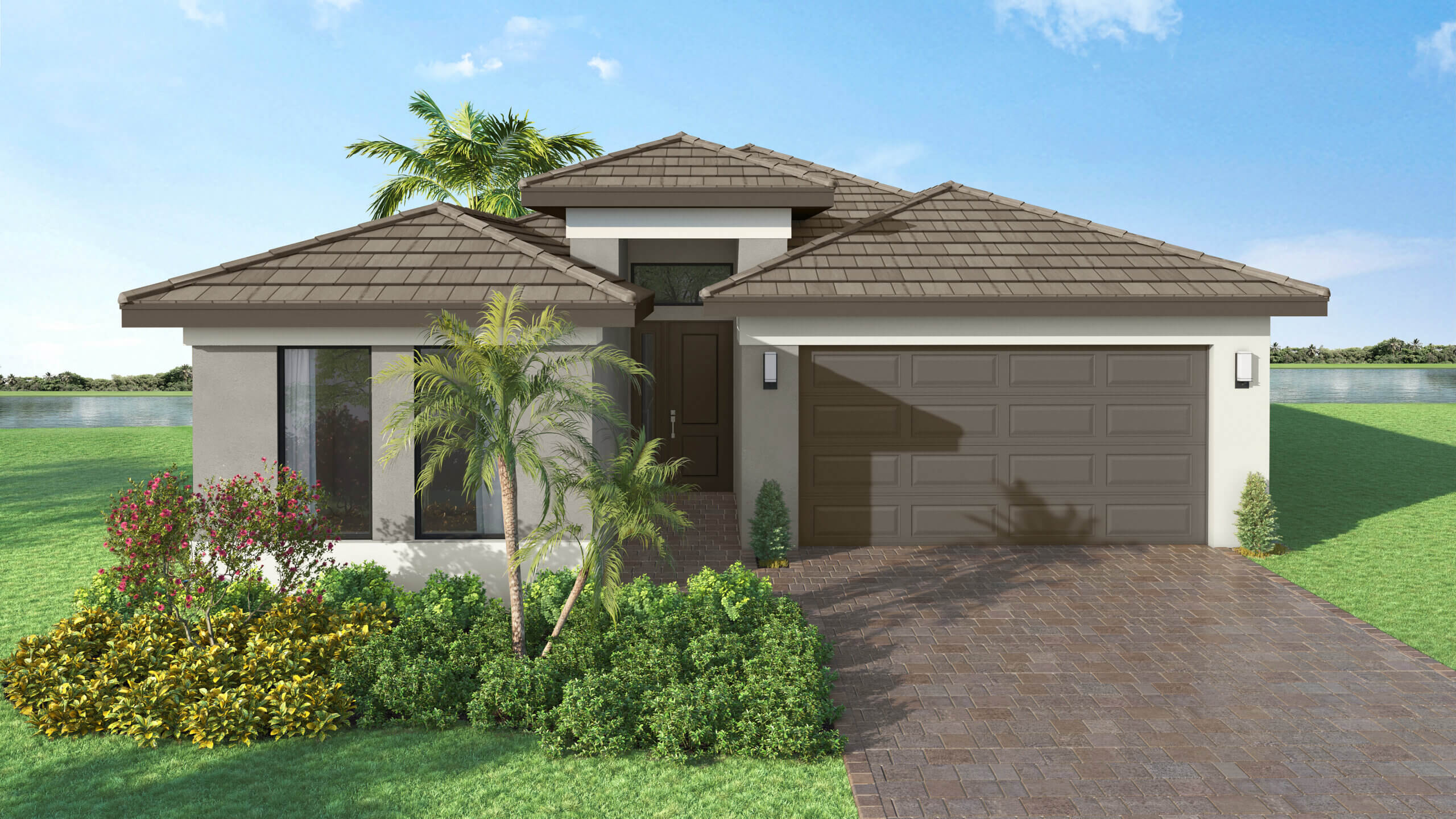 Single-story modern house with a brown tiled roof, large windows, double garage, paved driveway, and landscaped front yard with shrubs and palm trees.