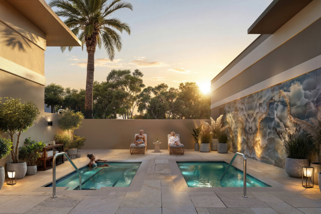 Two small outdoor pools are surrounded by plants and seating; two people sit in robes while another relaxes in the water, with a palm tree and sunset in the background.
