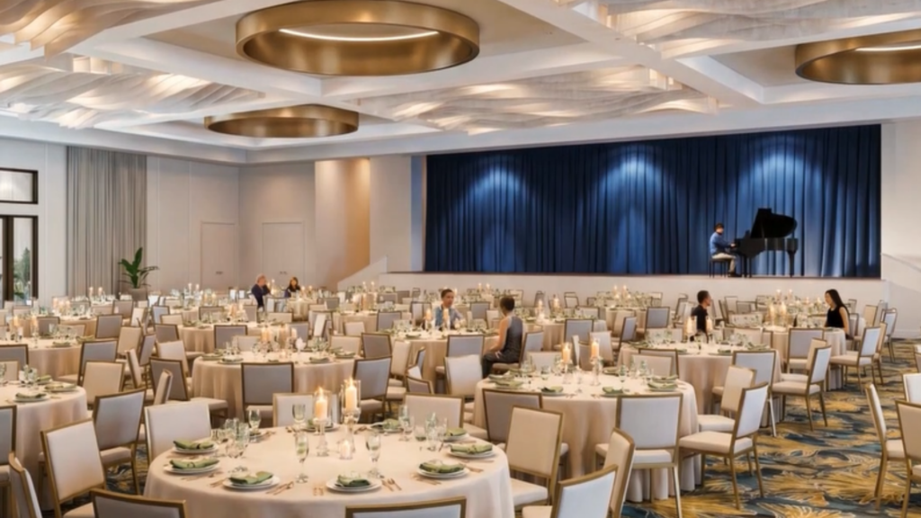 A banquet hall with round tables set for an event, guests seated and a pianist performing on stage with a grand piano.
