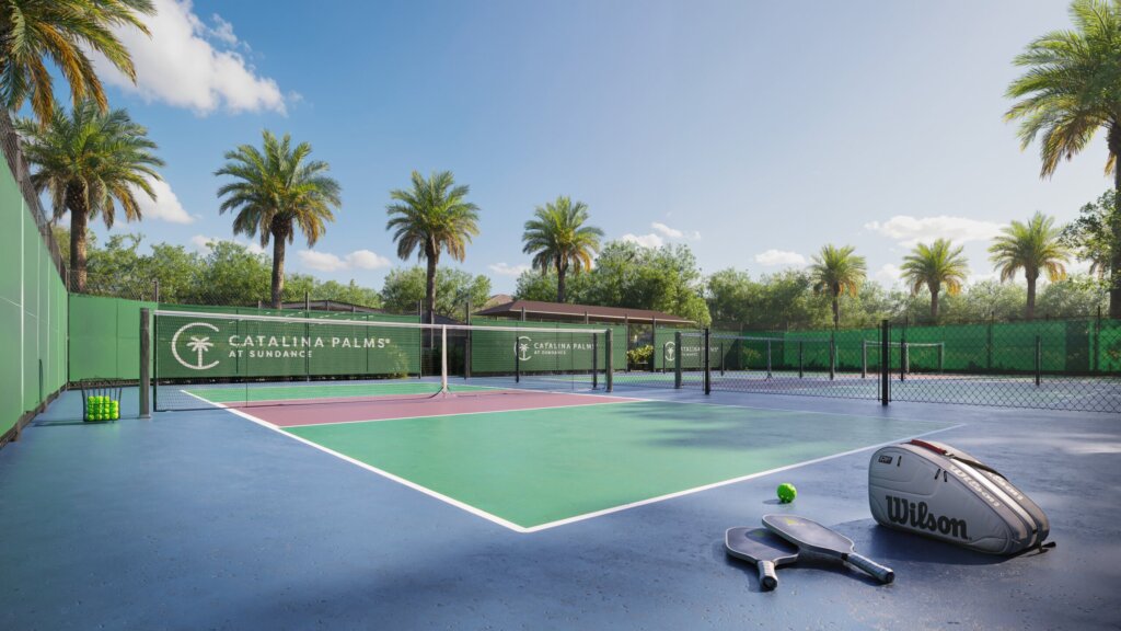 Outdoor tennis and pickleball court with rackets, balls, and a Wilson bag on the ground, surrounded by palm trees and green fencing under a clear sky.