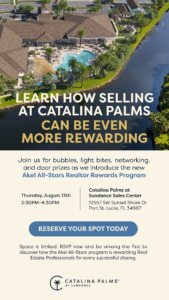 Promotional flyer for a realtor event at Catalina Palms, detailing date, time, location, and RSVP for the Akel All-Stars Realtor Rewards Program launch.