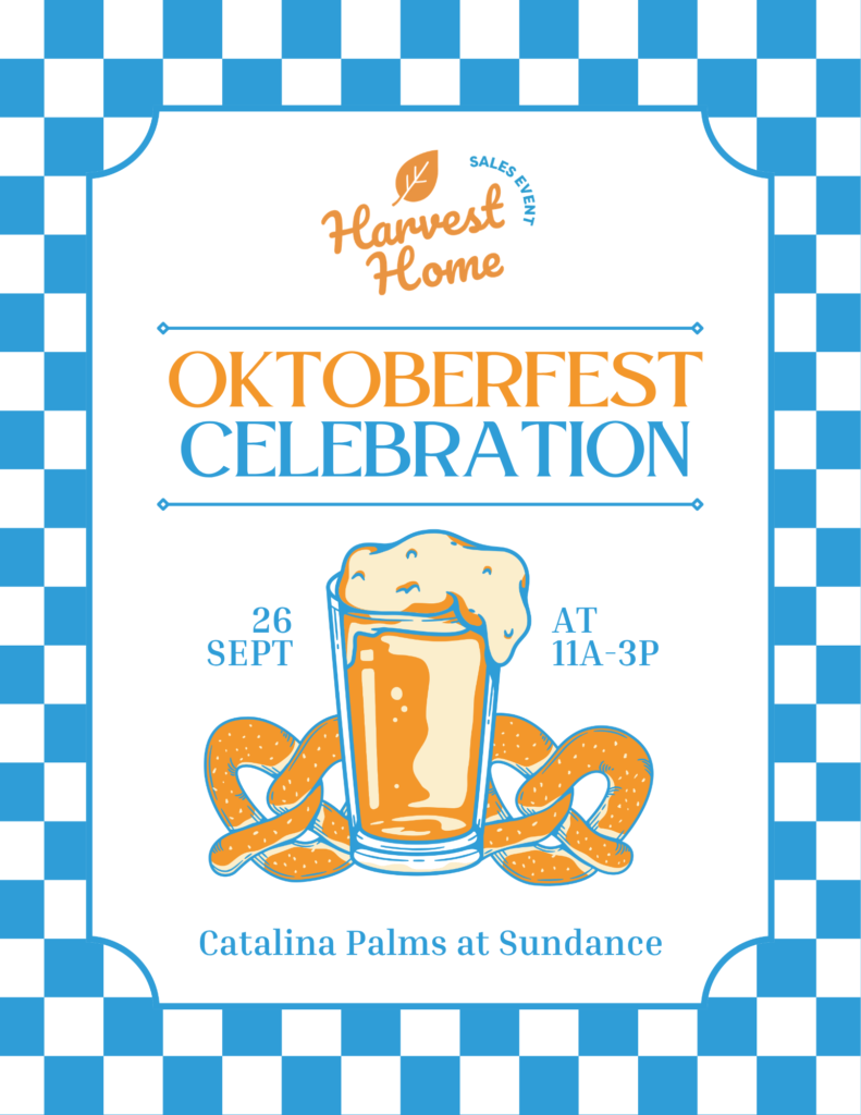 Oktoberfest event poster with a beer glass, two pretzels, event date, time, and location details, bordered by a blue and white checkered pattern.